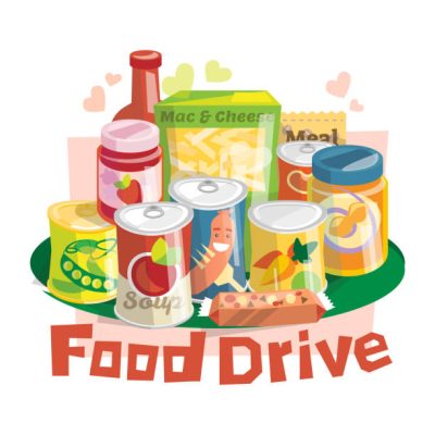 Food Drive non perishable food charity movement, vector badge logo illustration